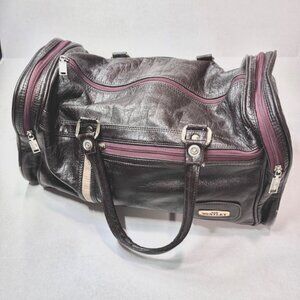 VTG Sir Bentley Leather Duffel Bag Travel Carry On Double Handles Black Red 18”